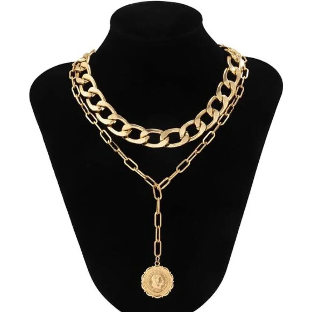 Women Gold Boho Cuban Chunky Necklace Layered Paperclip Chain with Coin Pendant - Picture 5 of 7